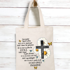 Women's Mercyme I Can Only Imagine Daisy Cross Christian Daisy Text Letters Shopping Tote, color:White|size:One-size, Lilicloth.com