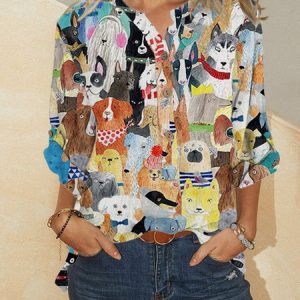 Casual Shift Animal Cat Print Long Sleeve Blouse, Shirts & Blouses, color:As Picture|size:3XL, JustFashionNow