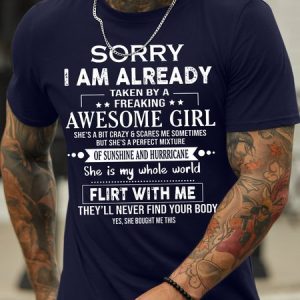 Men's Sorry I Am Already Taken A Freaking Awesome Girlsorry I Am Already Taken A Freaking Awesome Girl Funny Graphic Printing Cotton Text Letters Loose Casual T-Shirt, color:Purplish blue|size:3XL, Lilicloth.com