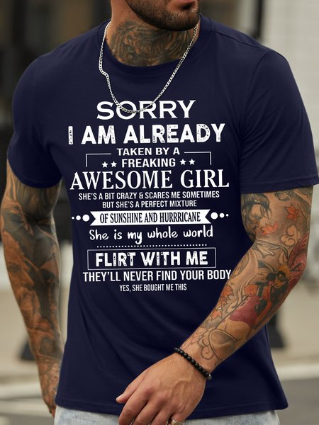 Men's Sorry I Am Already Taken A Freaking Awesome Girlsorry I Am Already Taken A Freaking Awesome Girl Funny Graphic Printing Cotton Text Letters Loose Casual T-Shirt, T-shirts, Lilicloth.com