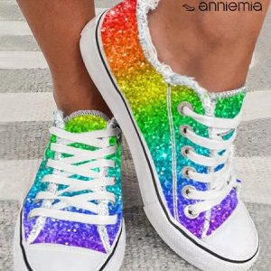 Rainbow Ombre Fringe Hem Lace-up Canvas Shoes, Sneakers, color:Multicolor|size:43, JustFashionNow