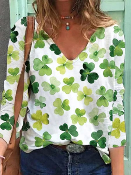 Women V Neck Natural Micro-Elasticity Long Sleeve H-Line T-shirt, T-Shirts, color:Green|size:XXL, JustFashionNow