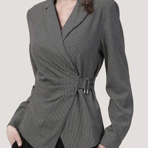 Regular Fit Lapel Collar Plaid Elegant Blouse, Blouses and Shirts, color:Black|size:XXL, Stylewe