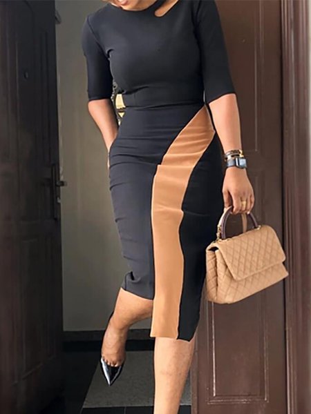 Elegant Color Block Irregular Half Sleeve Dress, Midi Dresses, color:Black|size:XXL, Stylewe