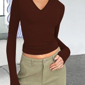 V Neck Plain Tight Casual T-Shirt, T-Shirts, color:Deep Brown|size:XXL, JustFashionNow