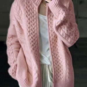Stand Collar Regular Fit Sweater Coat, Sweaters, color:Pink|size:XXL, JustFashionNow