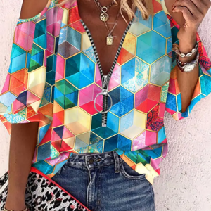 Casual Geometric Print Cold Shoulder Top, Shirts, color:Multicolor|size:XXL, catalog Noracora shop