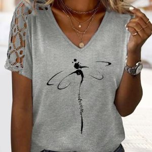Casual Loose V Neck Lace T-Shirt, T-Shirts, color:Gray|size:XXL, JustFashionNow