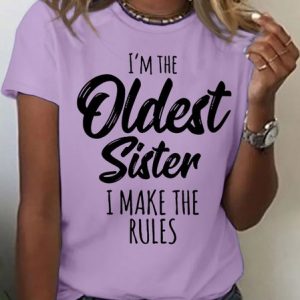 Women's Oldest Sister Funny Letter Cotton Casual T-Shirt, color:Purple|size:3XL, Lilicloth.com