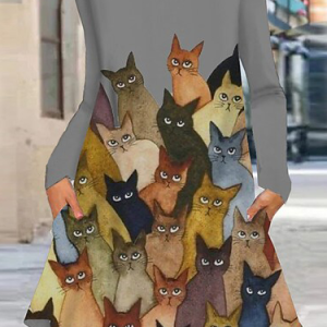 Casual Loose Cute Cat Crew Neck Dress, Dresses, color:Gray|size:XXL, JustFashionNow