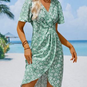 Boho Regular Fit V Neck Small Floral Dress, Dresses, color:Pink|size:XXL, JustFashionNow