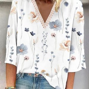 Lace Casual V Neck Shirt, Shirts & Blouses, color:White|size:XXL, JustFashionNow