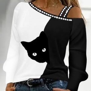 Loose One Shoulder Cat Casual Shirt, Shirts & Blouses, color:Black-white|size:XXL, JustFashionNow
