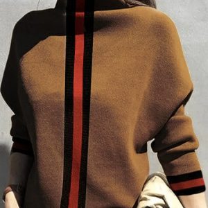 Long sleeve Elegant Acrylic Turtleneck Striped Sweater, Pullovers, color:Light Brown|size:XXL, Stylewe