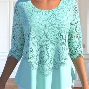 Crew Neck Casual Loose Lace Shirt, Shirts & Blouses, color:Light Blue|size:XXL, JustFashionNow