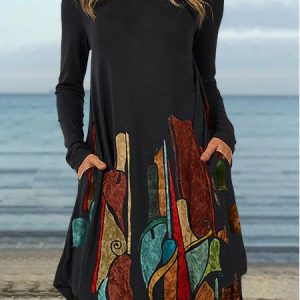 JFN Crew Neck Vintage Long Sleeve Dress, Casual Dresses, color:IMAGE COLOR|size:XXL, JustFashionNow