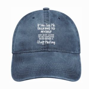 Men’s If You See Me Talking To Myself Just Move Along I’m Self Employed We’re Having A Staff Meeting Adjustable Denim Hat, color:Blue|size:One-size, Lilicloth.com