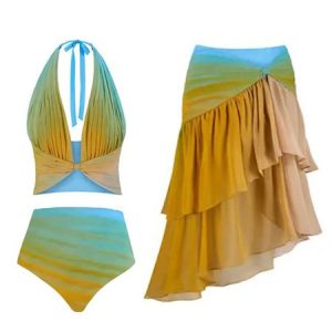 Printing Ombre Casual V Neck Bikini With Cover Up, Bikini Sets, color:Yellow|size:XXL, Stylewe