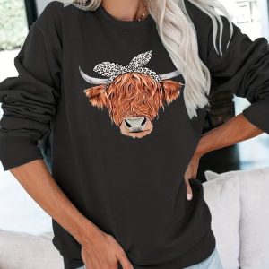 Women's Casual Denim Western Pattern Loose Crew Neck Sweatshirt, Sweatshirts & Hoodies, color:Black|size:3XL, JustFashionNow