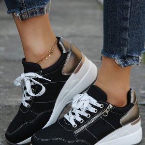 Women Color Block Side Zip Lace Up Wedge Heel Sneakers, Sneakers, color:Black|size:43, JustFashionNow