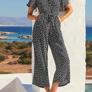 Loose V Neck Floral Vacation Jumpsuit, Jumpsuits＆Rompers, color:Gray|size:XXL, JustFashionNow