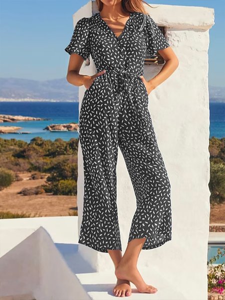Loose V Neck Floral Vacation Jumpsuit, Jumpsuits&Rompers, color:Gray|size:XXL, JustFashionNow