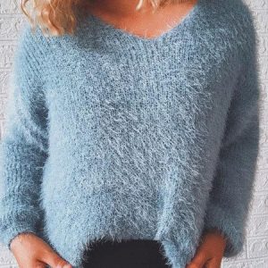 Women Plain Long Sleeve Comfy Casual Sweater, Sweaters, color:Blue|size:XL, Noracora