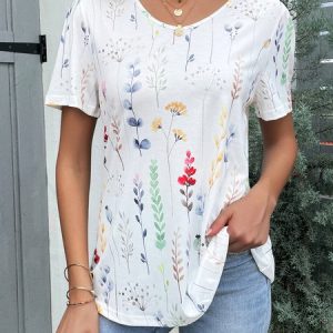V Neck Casual Loose Floral Shirt, Blouses, color:White|size:XXL, catalog Noracora shop