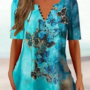 Casual V Neck Loose Butterfly Shirt, Shirts & Blouses, color:Blue|size:XXL, JustFashionNow