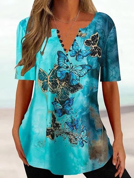Casual V Neck Loose Butterfly Shirt, Shirts & Blouses, color:Blue|size:XXL, JustFashionNow
