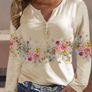 Casual Floral Loose Shirt, Blouses, color:Khaki|size:XXL, Noracora