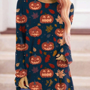 Casual Halloween Crew Neck Long Sleeve T-shirt, T-shirts, color:Deep Blue|size:5XL, Noracora