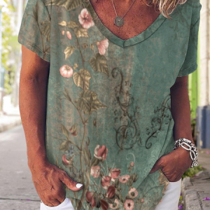 Women's Crew Neck Tropical Simple Loose T-Shirt, color:Green|size:3XL, Lilicloth.com