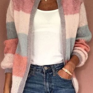 Women Yarn/Wool Yarn Striped Long Sleeve Comfy Casual Cardigan, Cardigans, color:Multicolor|size:XXL, Noracora