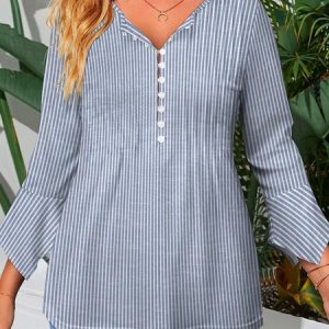 Three Quarter Sleeve Striped Buckle Regular Micro-Elasticity Loose TUNIC Shirt For Women, Blouses, color:Blue|size:5XL, Noracora