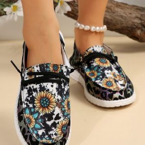 Western Cow Sunflower Canvas Boat Flats, Flats/Loafers, color:Black|size:42, Noracora