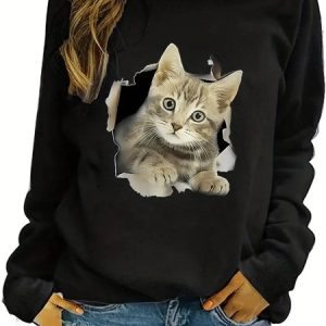 Casual Cat Sweatshirt, Sweatshirts & Hoodies, color:Black|size:3XL, JustFashionNow