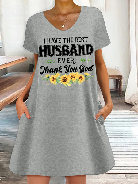 Women's Funny Word I Have The Best Husband Ever Thank You God Sunflower Loose Casual Dress, color:Gray|size:3XL, Lilicloth.com