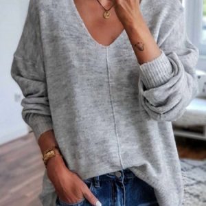 Solid Long Sleeve V-neck Knitted Top, Sweaters, color:Black|size:US 16, JustFashionNow