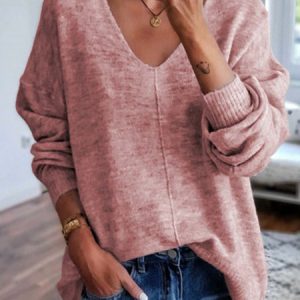 Solid Long Sleeve V-neck Knitted Top, Sweaters, color:Pink|size:XXL, Noracora