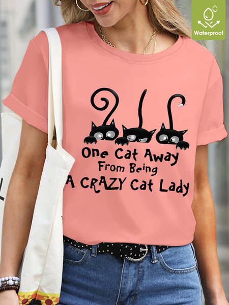 Women Funny One Cat Away From Being A Crazy Cat Lady Waterproof Oilproof And Stainproof Fabric T-Shirt, color:Pink|size:3XL, Lilicloth.com