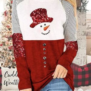Women Casual Christmas Red White Color Block Crew Neck T-Shirt, T-Shirts, color:Red|size:XXL, JustFashionNow