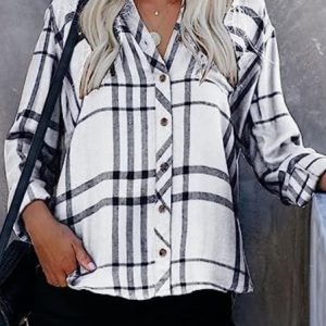 Shirt Collar Long Sleeve Color Block Buckle Regular Loose TUNIC Blouse For Women 2023, Shirts, color:White|size:XXL, Noracora