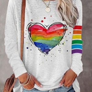 Casual Heart/Cordate Crew Neck Long Sleeve T-shirt, T-shirts, color:White|size:3XL, Noracora
