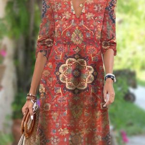 Ethnic Casual Regular Fit Notched Dress, Dresses, color:Red|size:XXL, JustFashionNow