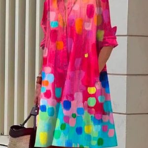 Urban Loose Shirt Collar Abstract Midi Dress With No Belt, Midi Dresses, color:As Picture|size:XXL, Stylewe