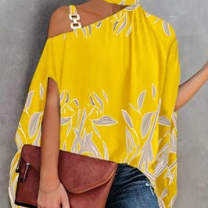 Statement Loosen Plants Asymmetrical Neck Top, Blouses and Shirts, color:Yellow|size:XXL, Stylewe