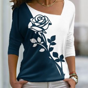 Contrast Floral Loose Long Sleeve T-Shirt, Shirts & Blouses, color:Dark Blue|size:XXL, JustFashionNow