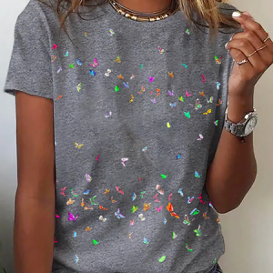Butterfly Printed Short Sleeve T-Shirt, T-shirts, color:Gray|size:3XL, Noracora