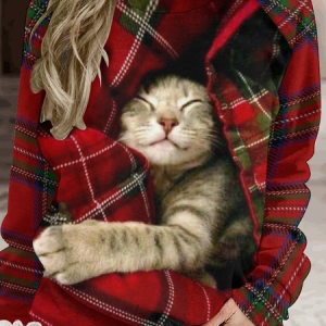 Women's Christmas Cat Crew Neck Plaid Sweatshirt, color:As Picture|size:3XL, Lilicloth.com